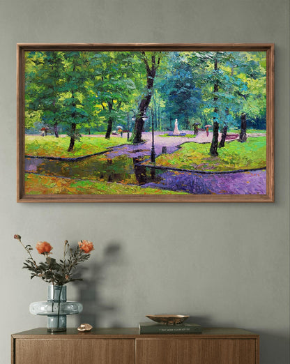 Framed impressionist oil painting of lush city park by Boris Serdyuk