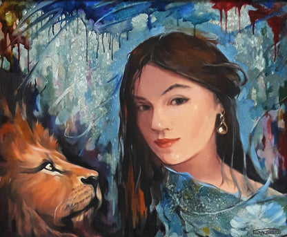 Oil painting portrait of girl and lion by Vasily Korkishko