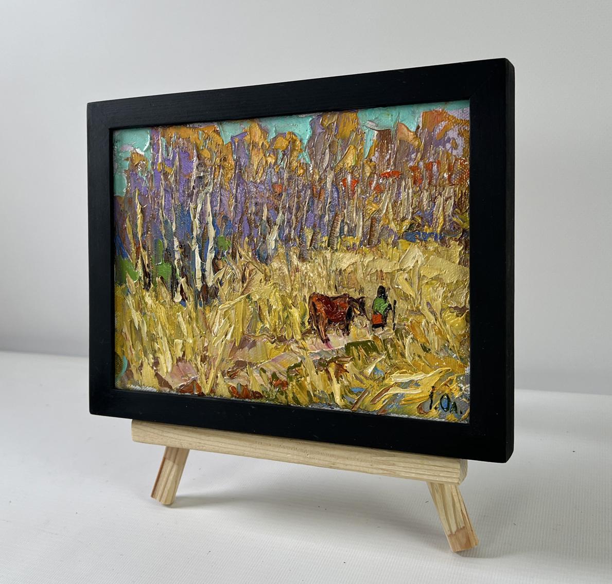 Oil painting At the forest edge by Oleksiy Ivanyuk, golden fields and purple trees