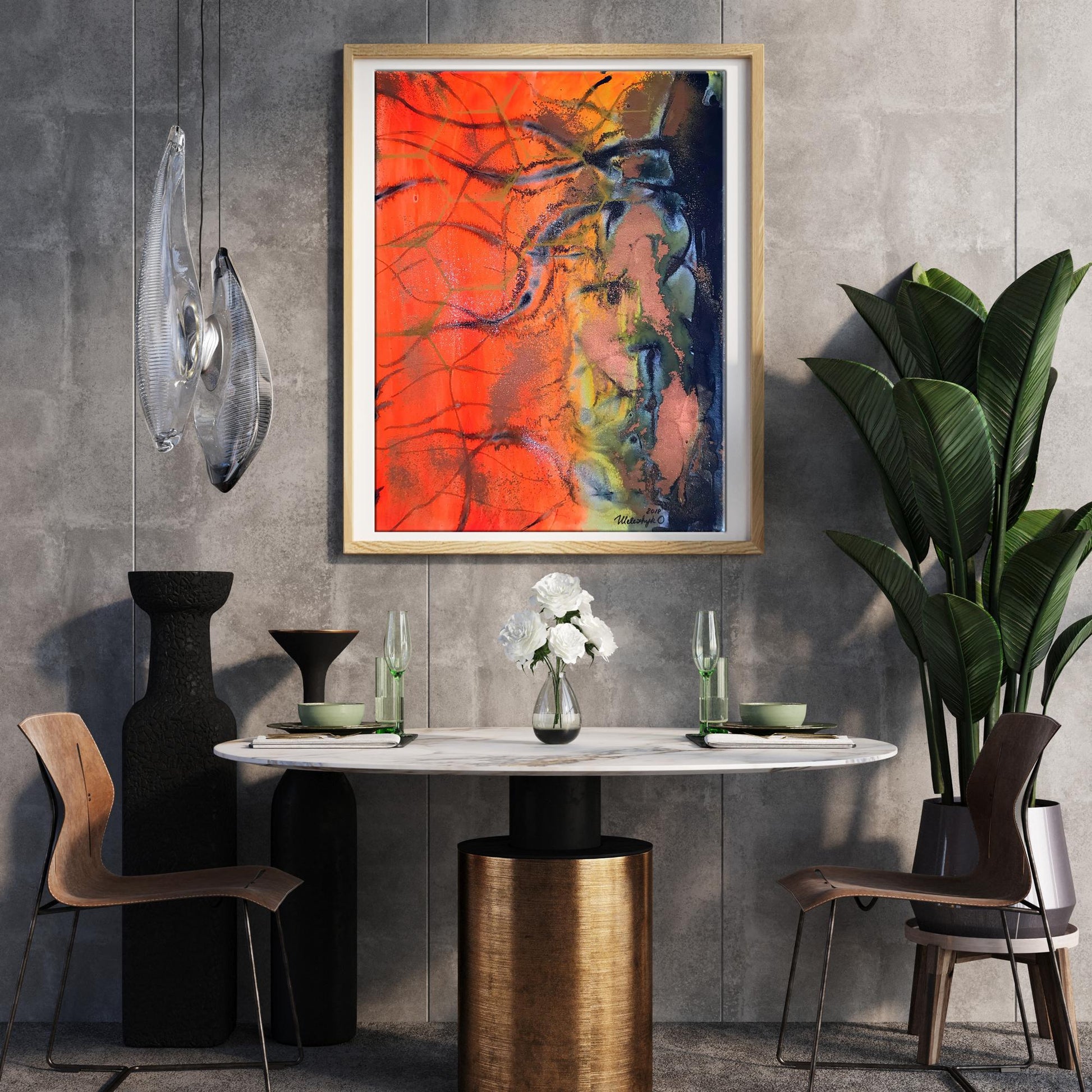 Vibrant acrylic painting The candle was burning by Olga Melezhik in light wood frame