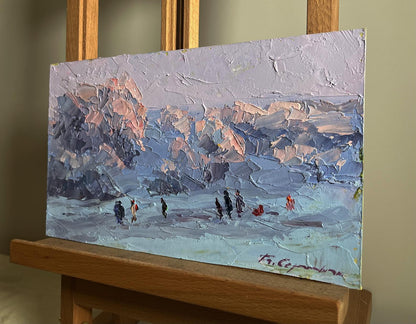 Oil painting Walking on a frosty day by Boris Serdyuk snowy landscape