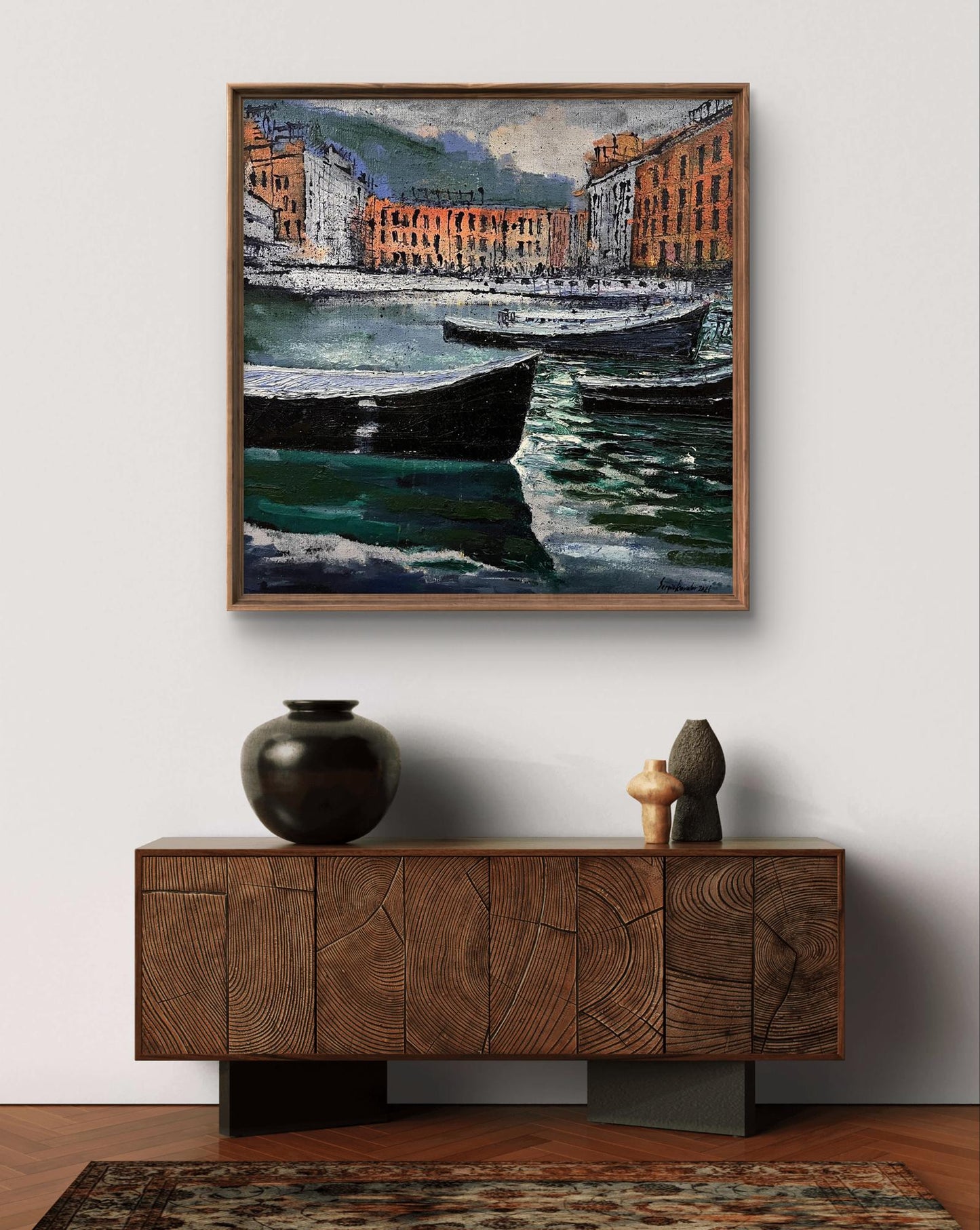 Oil painting of harbor scene by Serhiy Kovalev in earthy tones