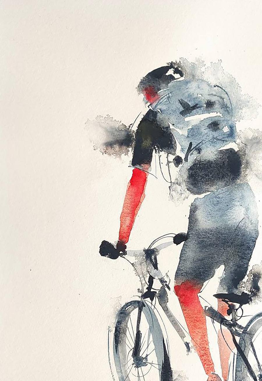 Watercolor painting Cyclist on the Road Olena Klimenko