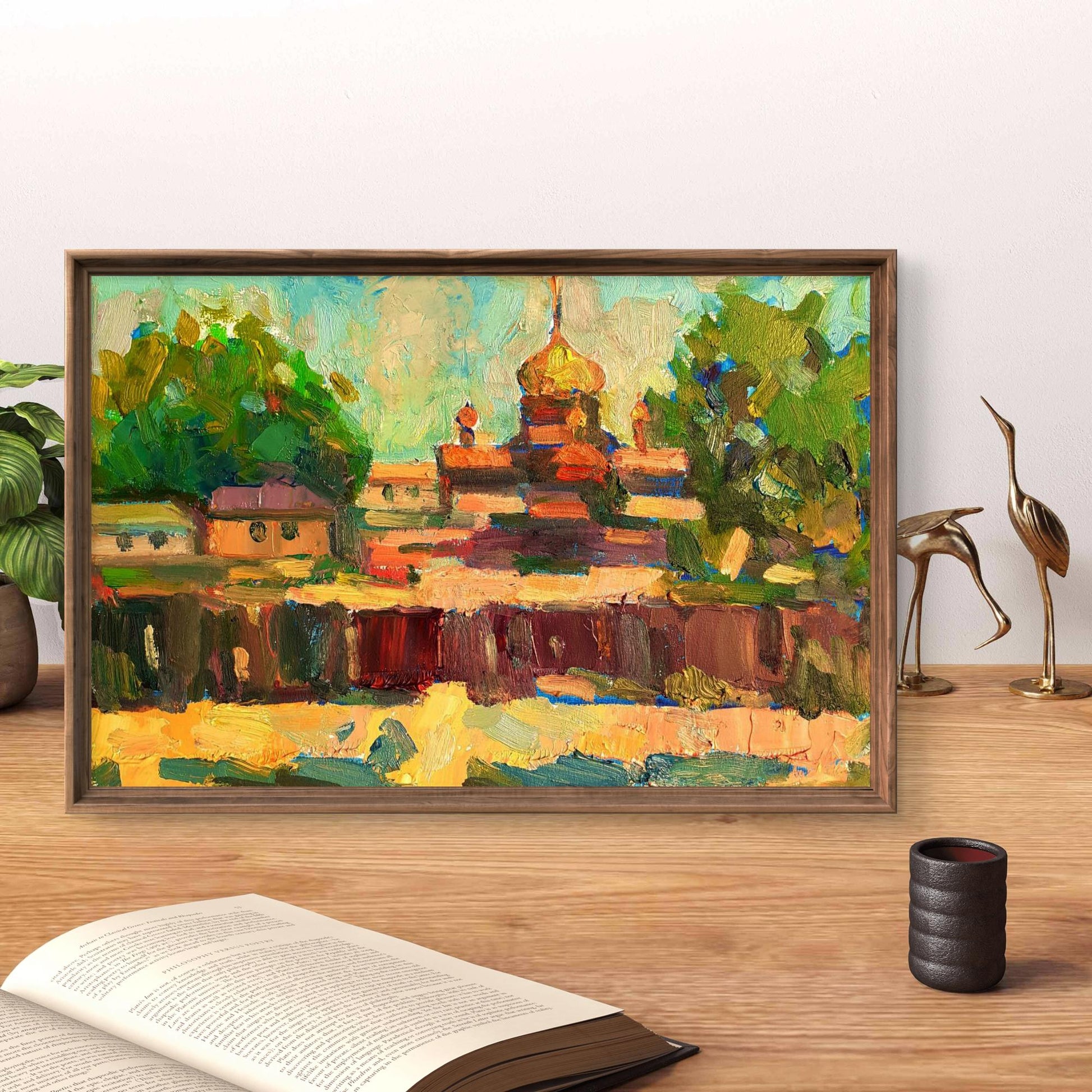 Oil painting by Pavel Dobrev: golden-domed church in lush green landscape