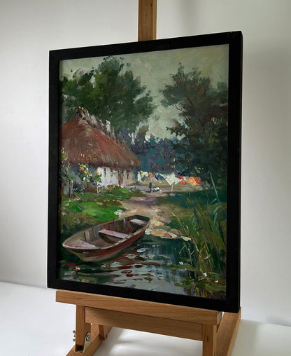 Oil painting Boat on the shore by Yuriy Suprunchuk, rustic cottage scene