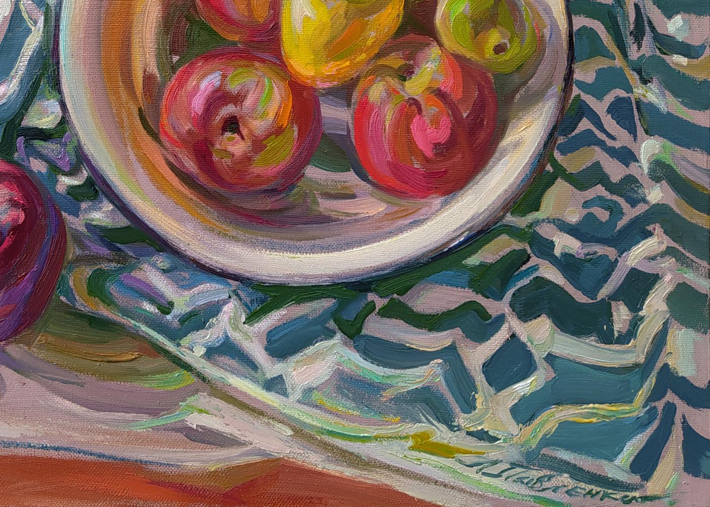 Impressionistic oil painting of red yellow apples in white bowl on table by Leonid Pavlenko