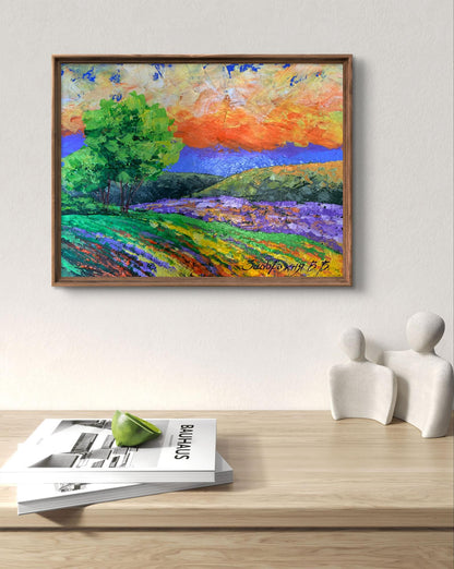 Oil painting Yellow clouds V. Zadorozhnya vibrant abstract landscape in wooden frame