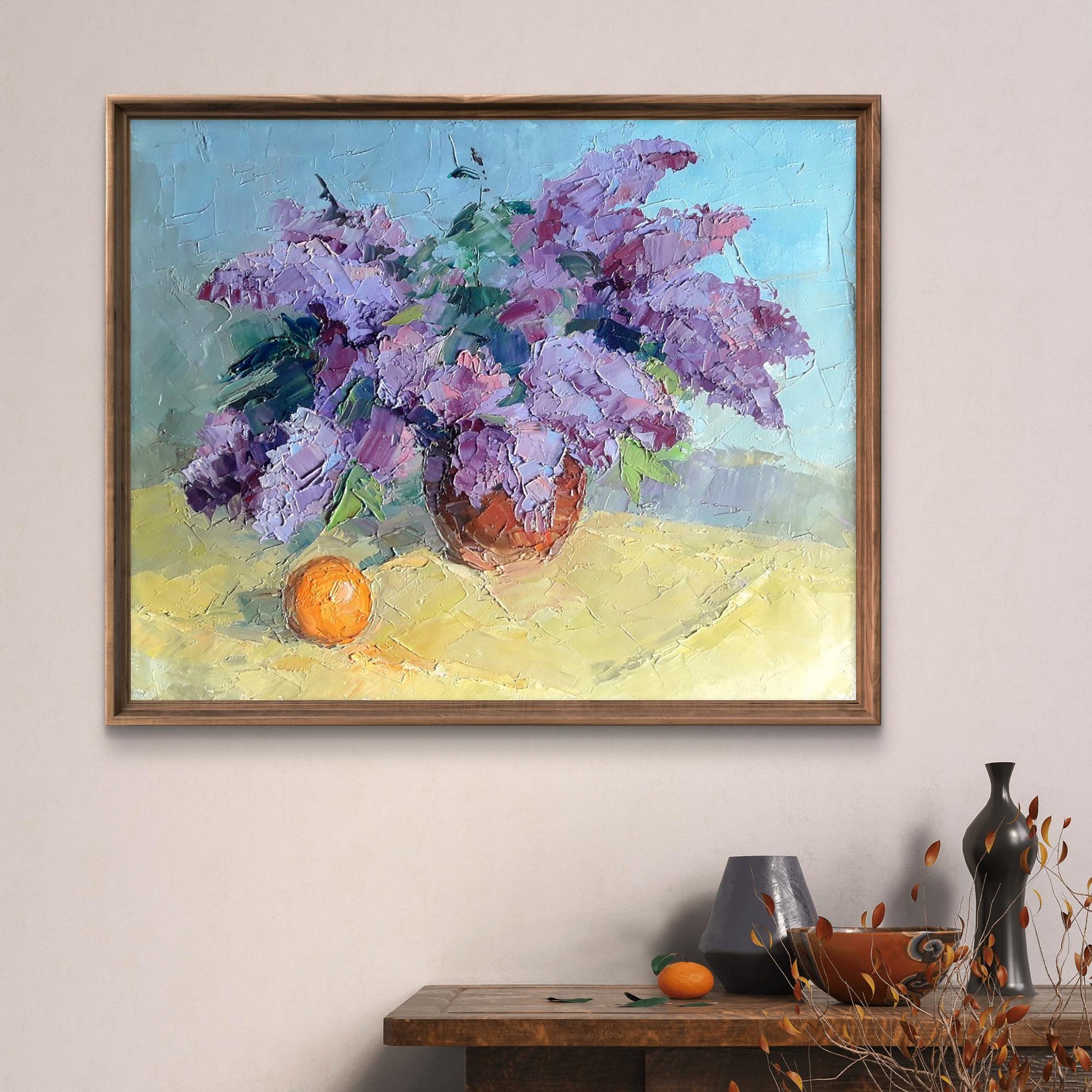 Oil painting Lilac and tangerine by Boris Serdyuk, purple lilacs in orange vase