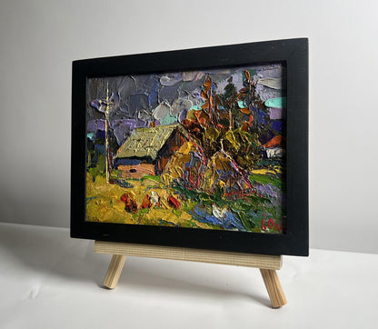 Oil painting In the village after the rain by Oksana Ivanyuk in black frame