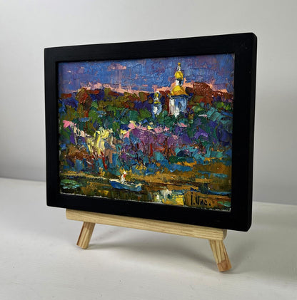 Oil painting Melody through the rural silence by Oksana Ivanyuk in black frame