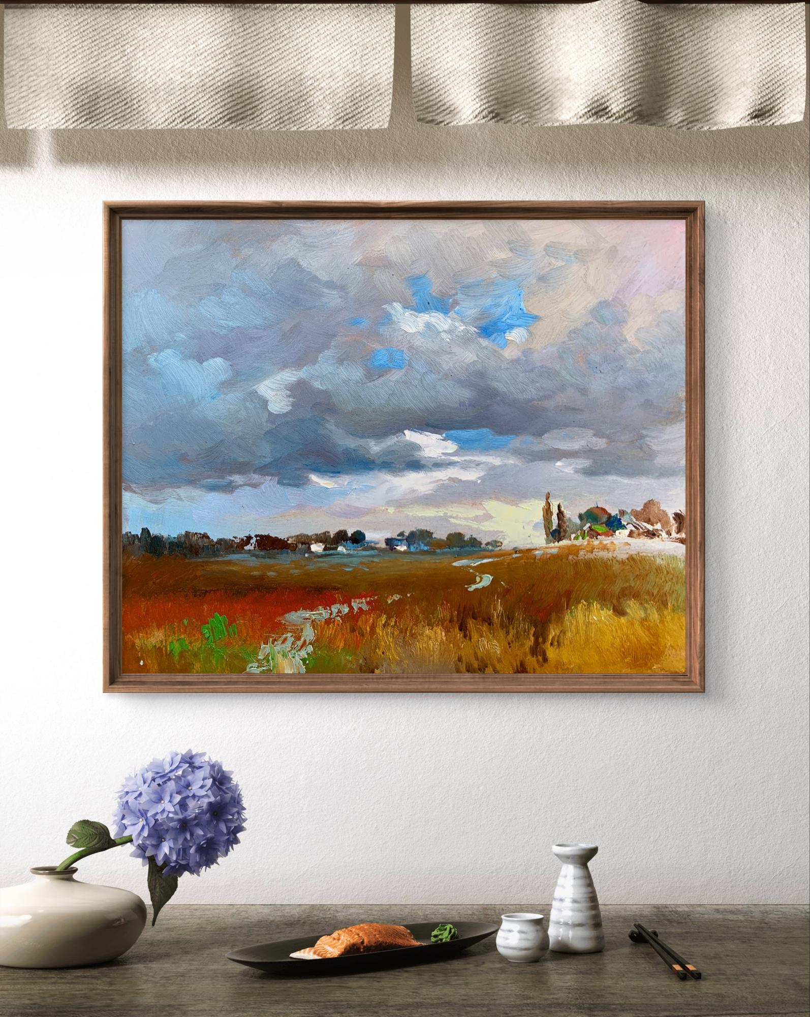Framed oil painting Not far from the village by Yuriy Suprunchuk, vibrant autumn landscape