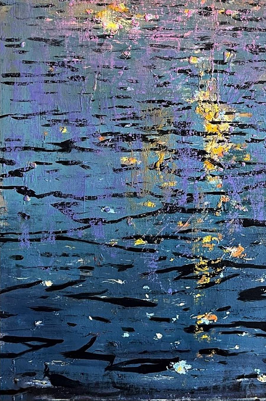 Oil painting Reflection at sea by Juan Angel Gonzalez de la Calle, textured blues and purples