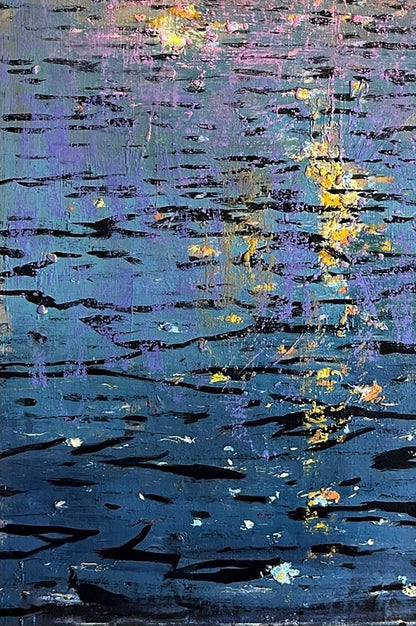 Oil painting Reflection at sea by Juan Angel Gonzalez de la Calle, textured blues and purples