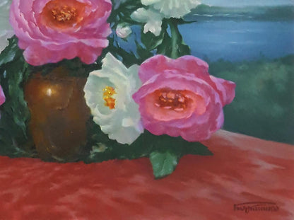 Oil painting Morning Peonies by Vasily Korkishko with pink roses