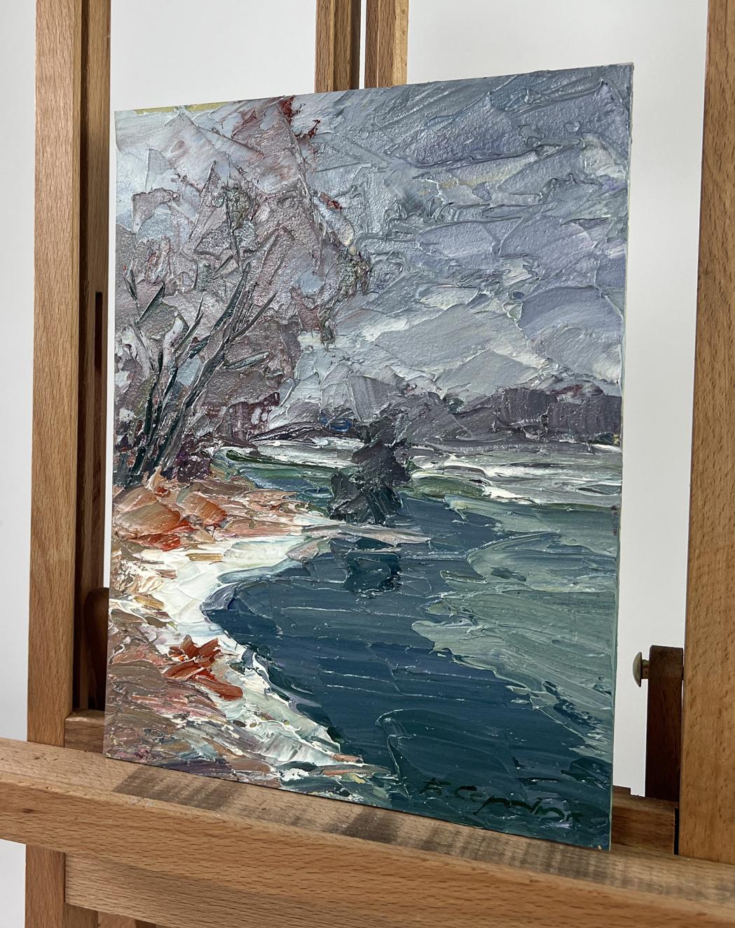 Oil painting of river against snowy trees by Boris Serdyuk