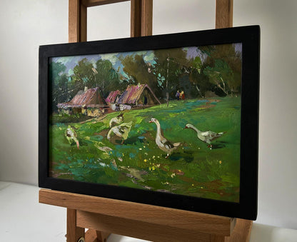 Oil painting Geese in the village by Yuriy Suprunchuk pastoral scene