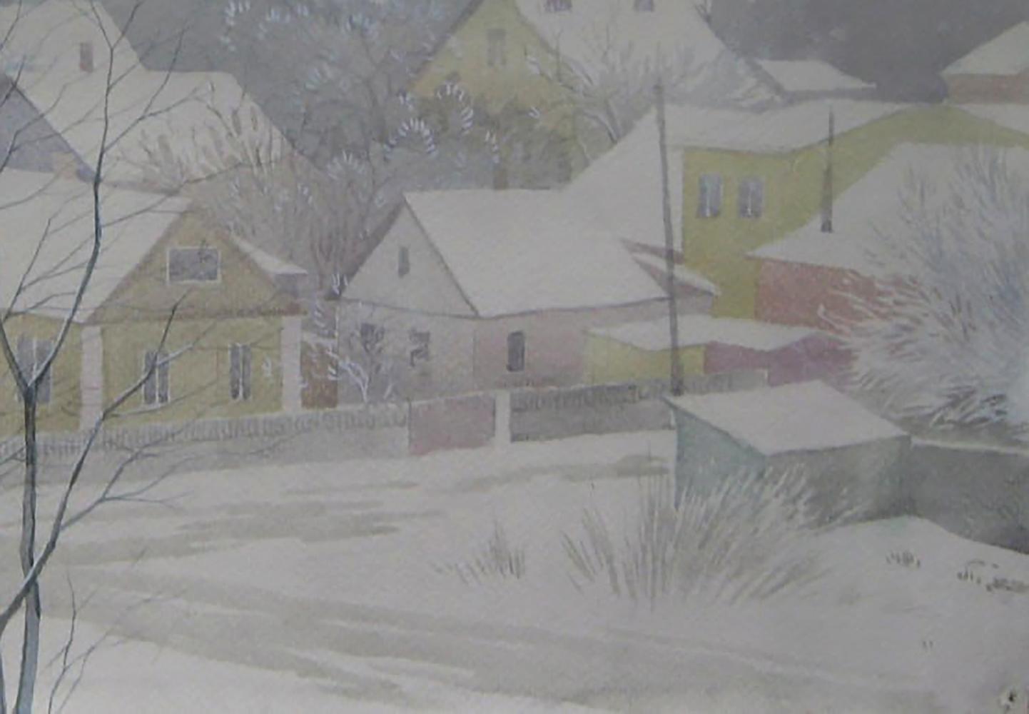 Watercolor painting of snow-covered village with yellow muted houses by Valery Savenets