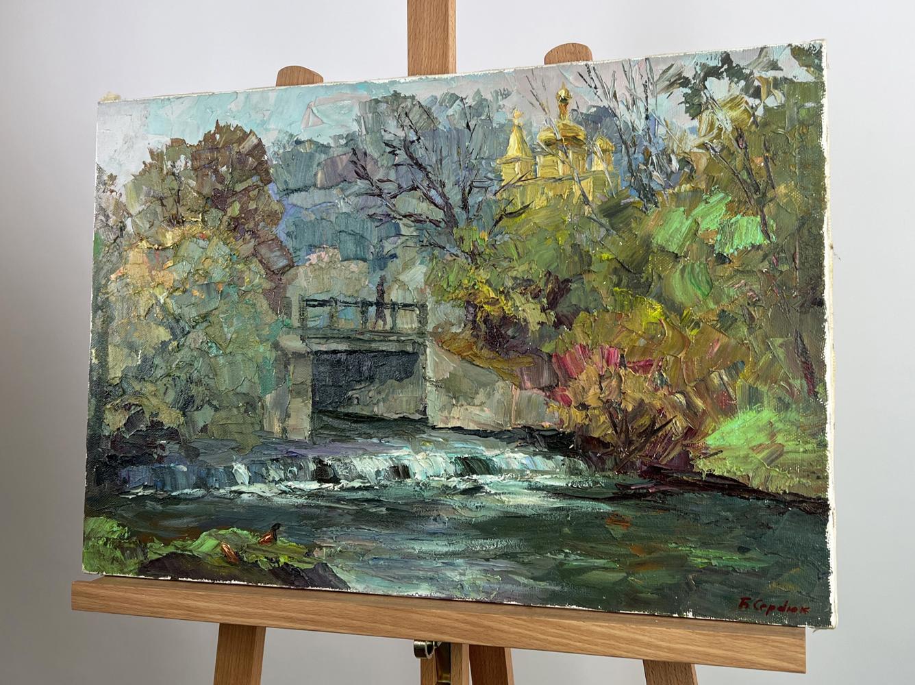 Oil painting Morning rays by Boris Serdyuk: river with golden church spires through autumn trees