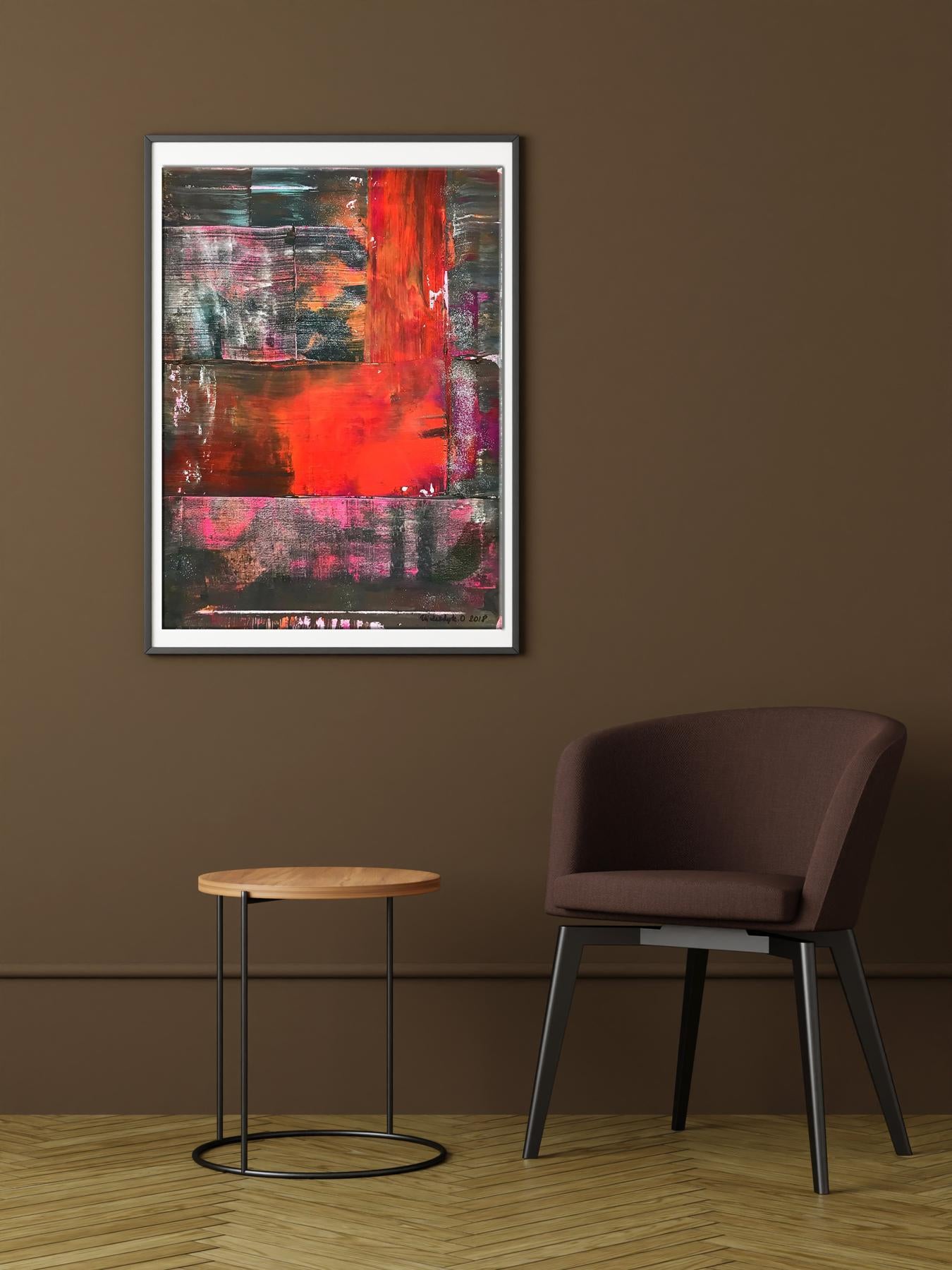 Framed acrylic LOVE painting by Olga Melezhik with red pink black strokes on gray