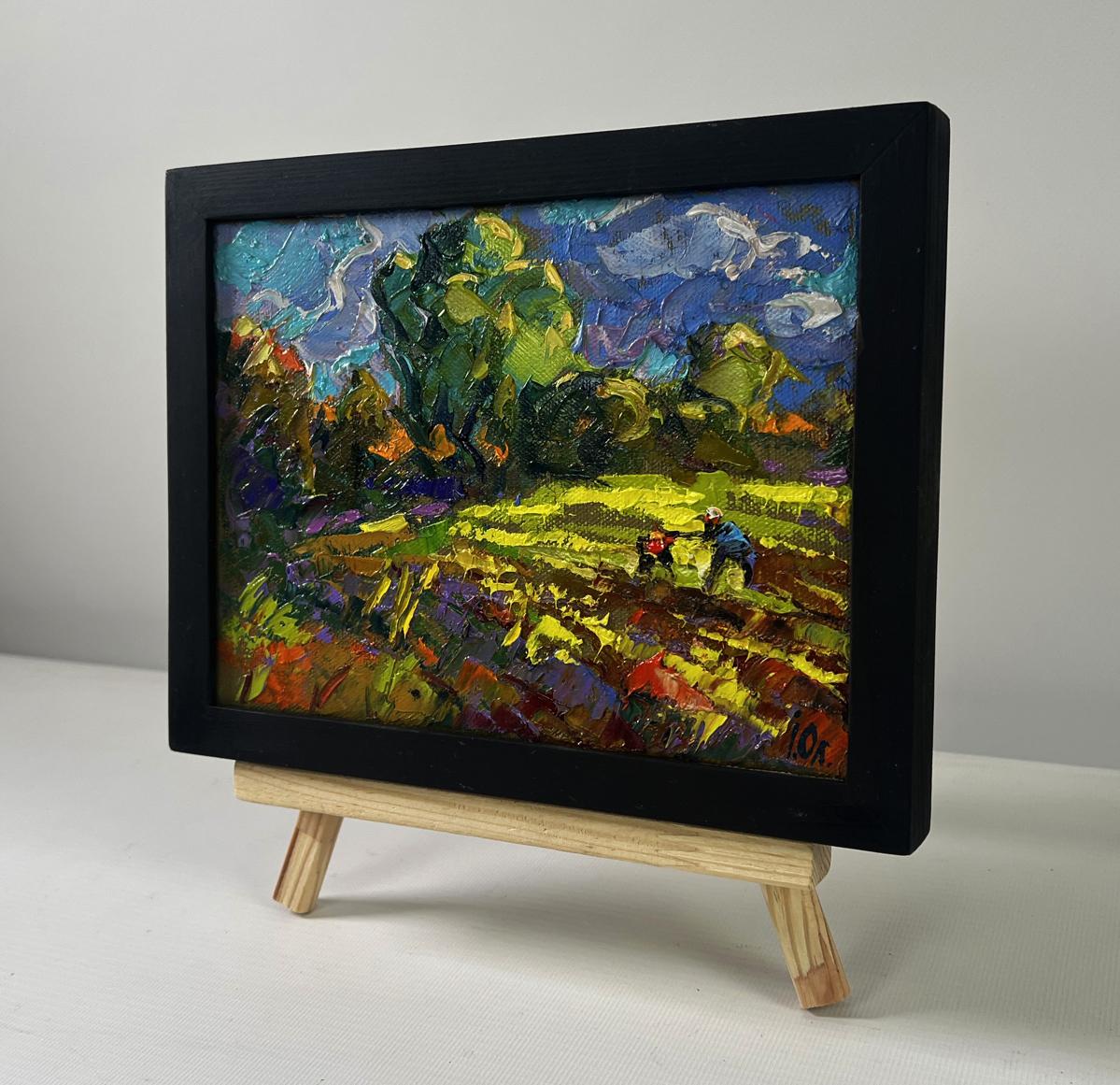 Vibrant impressionistic oil painting by Oleksiy Ivanyuk of farmers in colorful summer garden fields in black frame