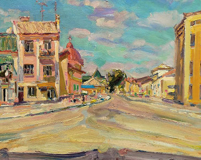 Oil painting Quiet city street by Leonid Pavlenko: vibrant sunlit European scene
