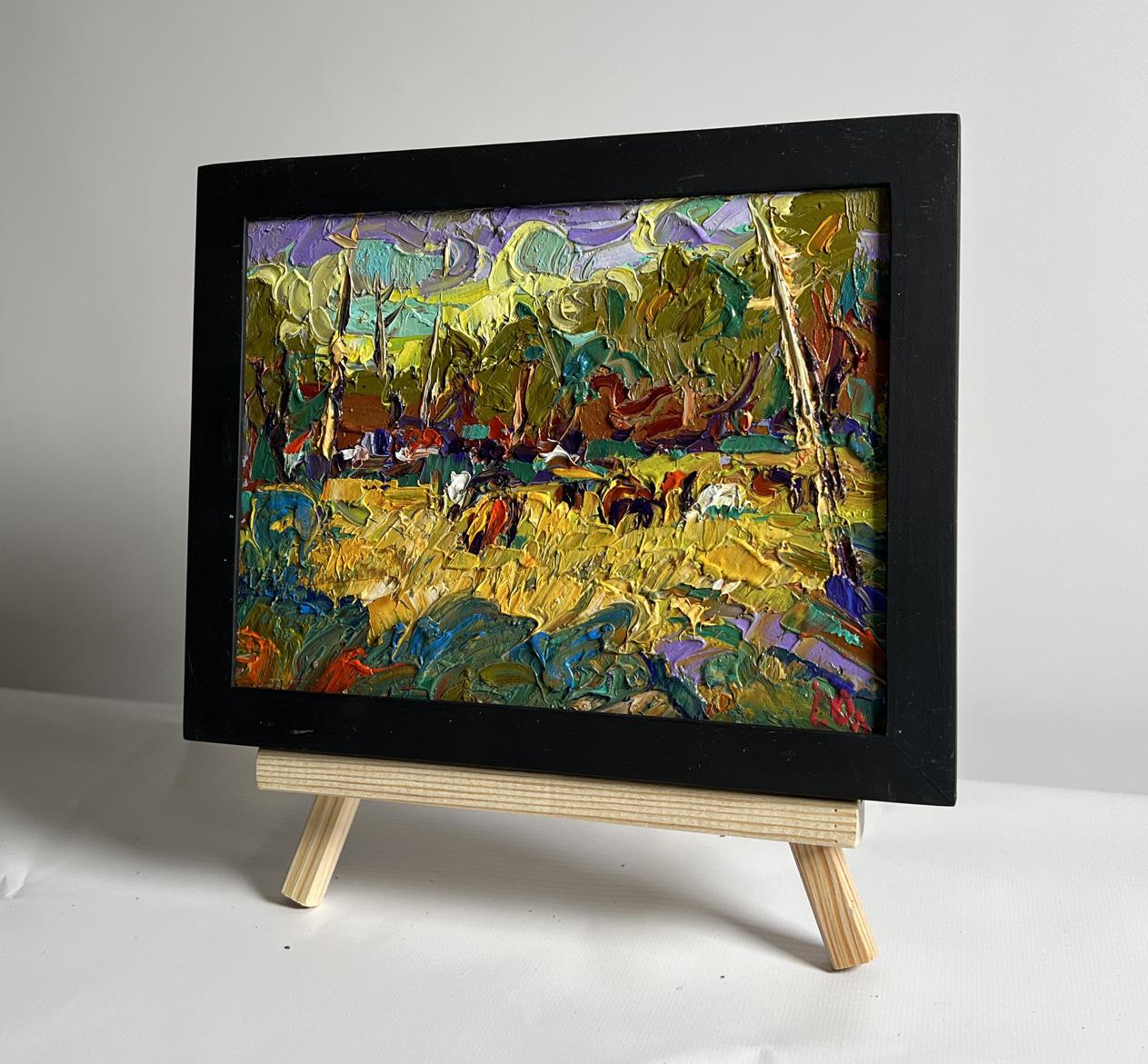Vibrant oil painting For a walk in the field by Oleksiy Ivanyuk in black frame