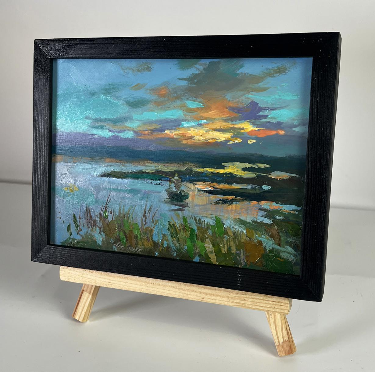 Oil painting Sunset Fishing by Yuriy Suprunchuk impressionistic sunset over water