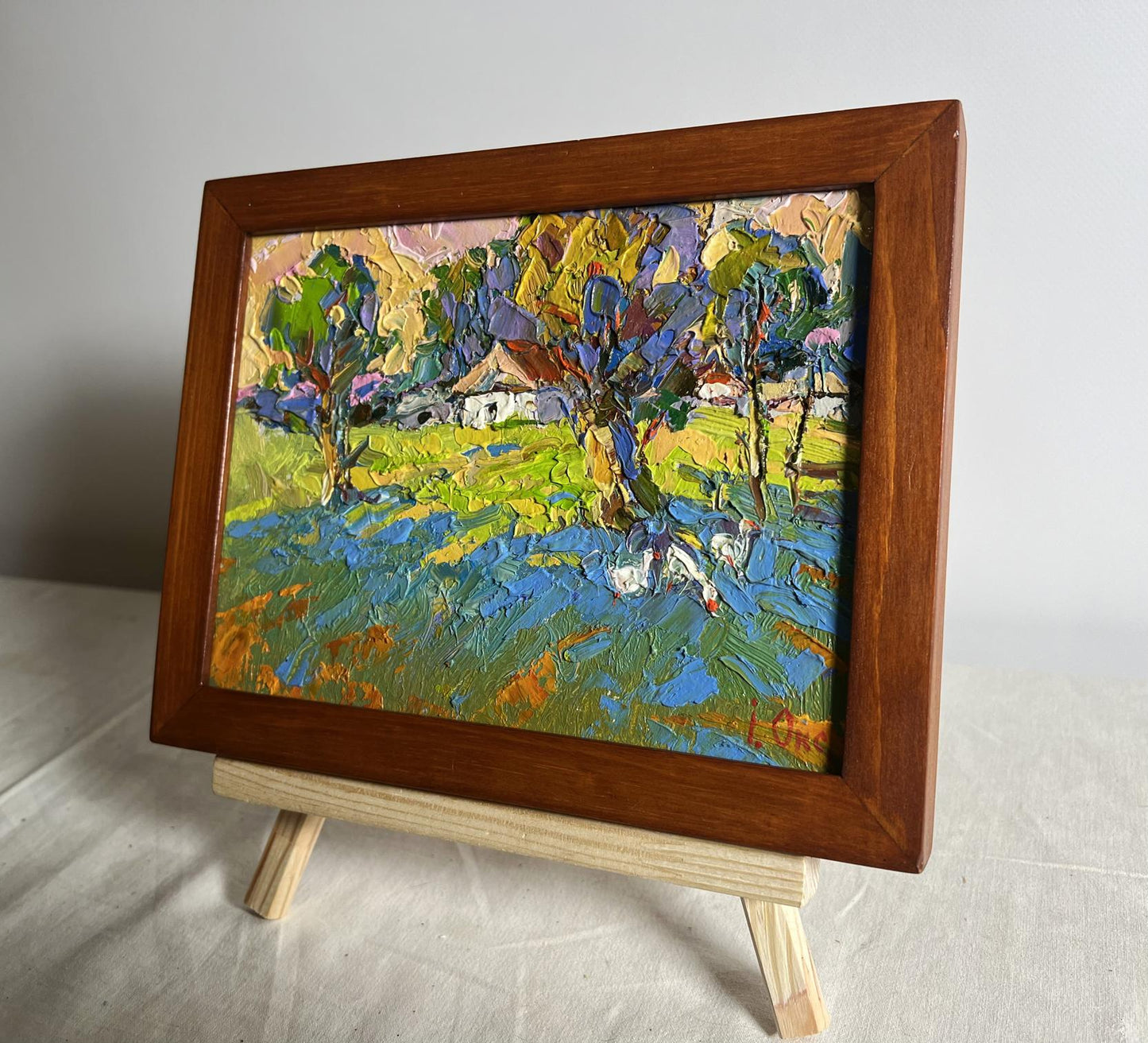 Oil painting Geese behind the trees by Oksana Ivanyuk in brown frame