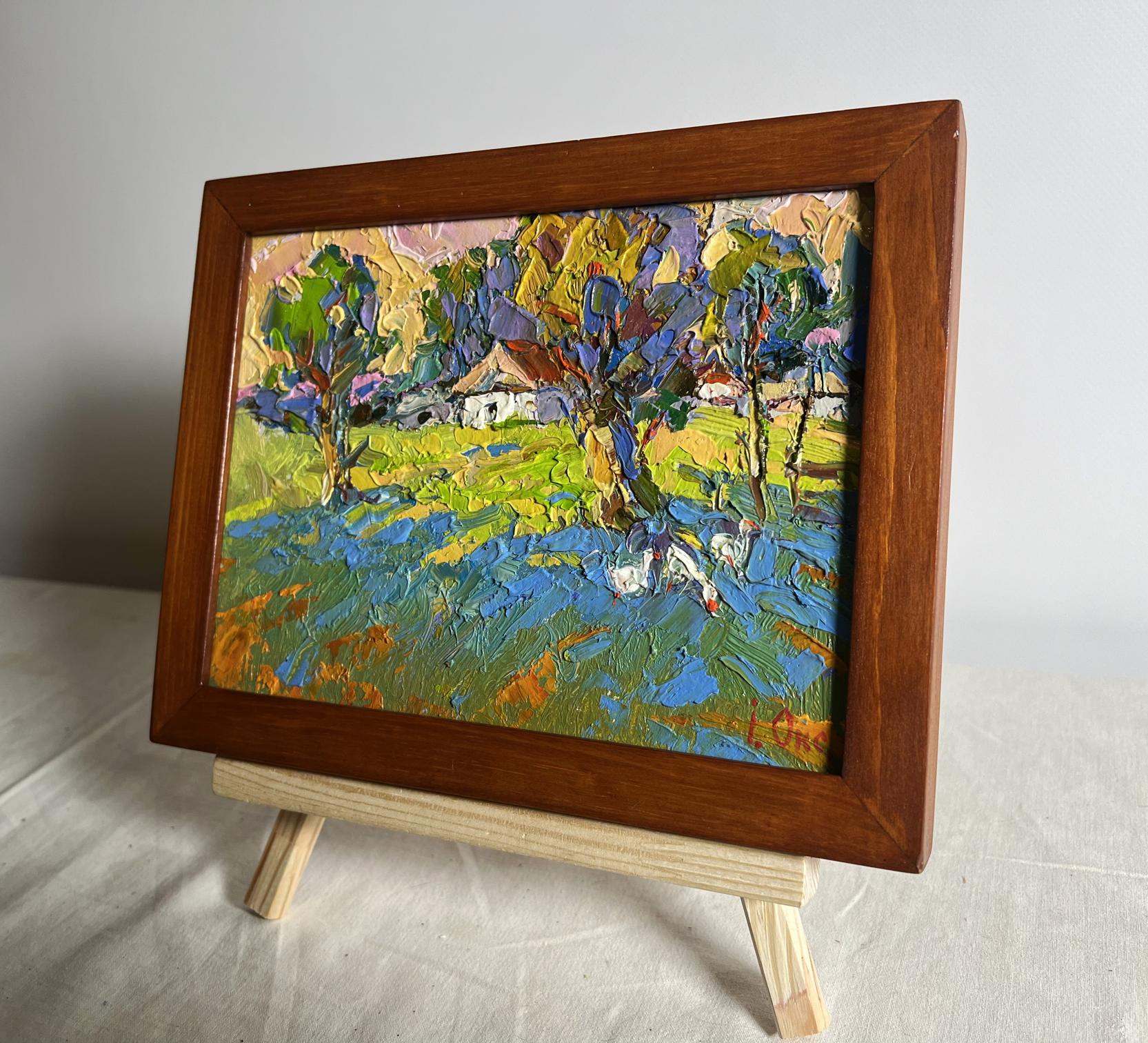 Oil painting Geese behind the trees by Oksana Ivanyuk in brown frame