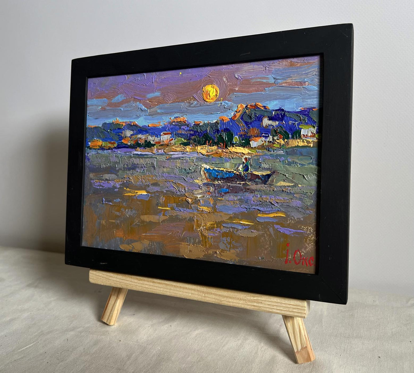 Oil painting Moon over the lake by Oksana Ivanyuk in black frame