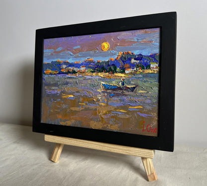 Oil painting Moon over the lake by Oksana Ivanyuk in black frame