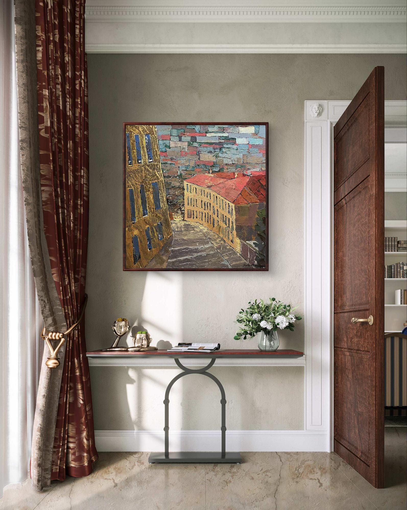 Oil painting City alley by Serhiy Kovalev, impressionistic buildings in golds and reds