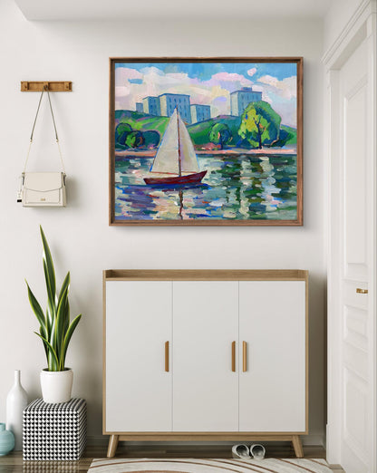 Oil painting Sails at sea by Peter Dobrev, framed sailboat scene