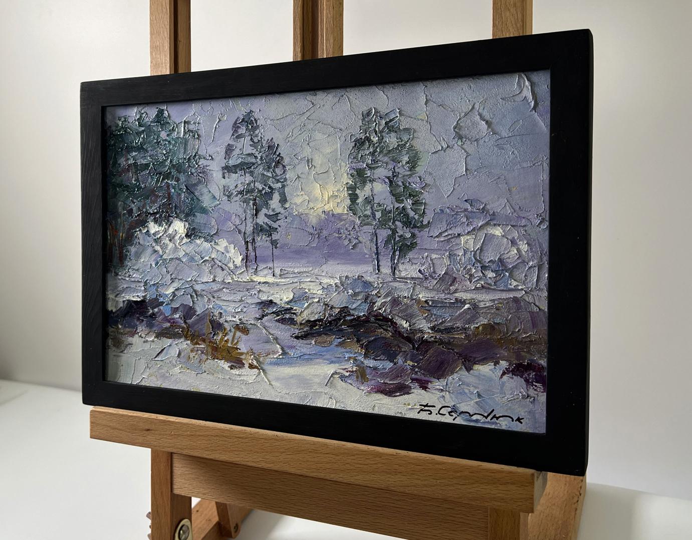 Textured impressionistic snow-covered forest oil painting by Boris Serdyuk in black frame