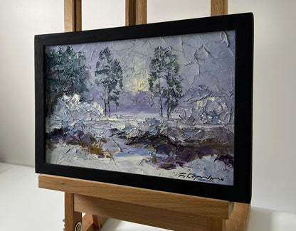 Textured impressionistic snow-covered forest oil painting by Boris Serdyuk in black frame