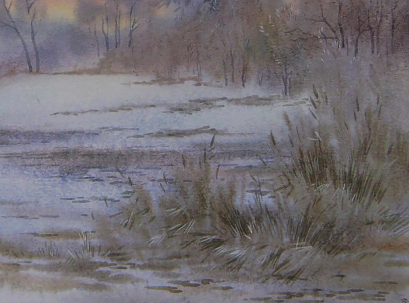 Watercolor painting Winter wind by Valery Savenets: frosty riverbank reeds