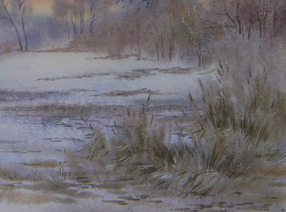 Watercolor painting Winter wind by Valery Savenets: frosty riverbank reeds
