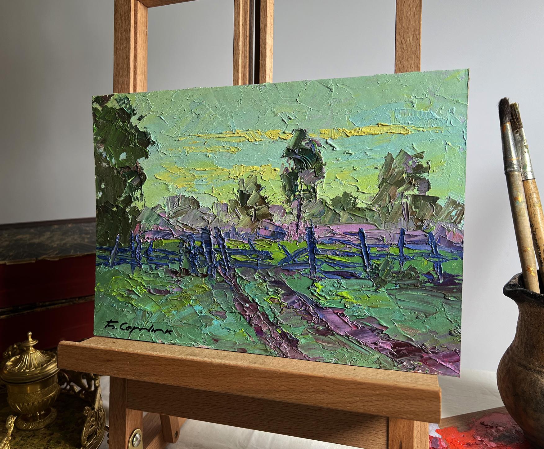 Oil painting It’s getting dark in the field by Boris Serdyuk, vibrant pastoral landscape