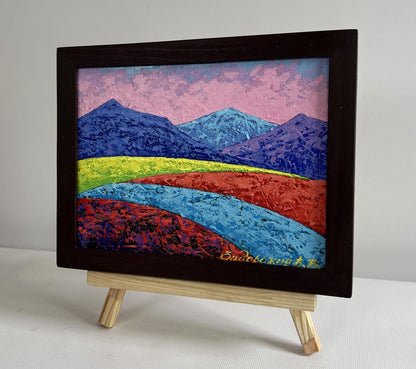 Vibrant textured miniature oil painting The heart drowns in the sunset by V. Zadorozhnya in dark wooden frame