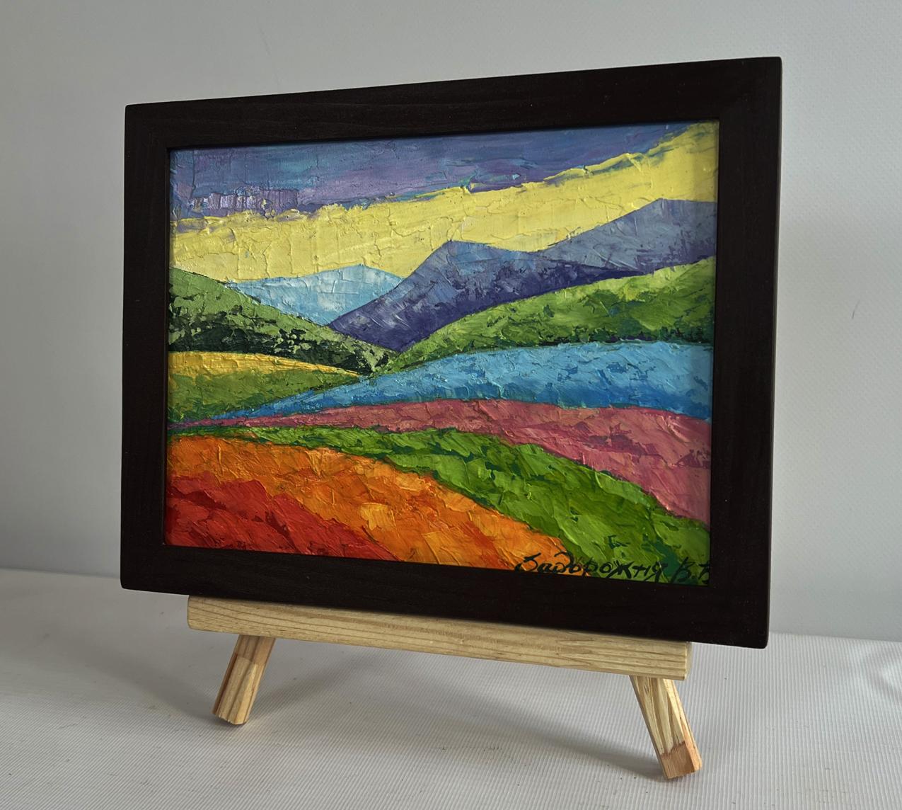 Oil painting Walking in the mountains V. Zadorozhnya in dark wooden frame