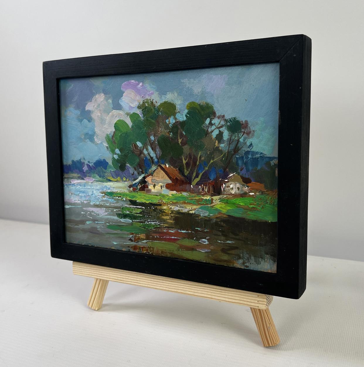 Oil painting The river flows past the village by Yuriy Suprunchuk lakeside scene