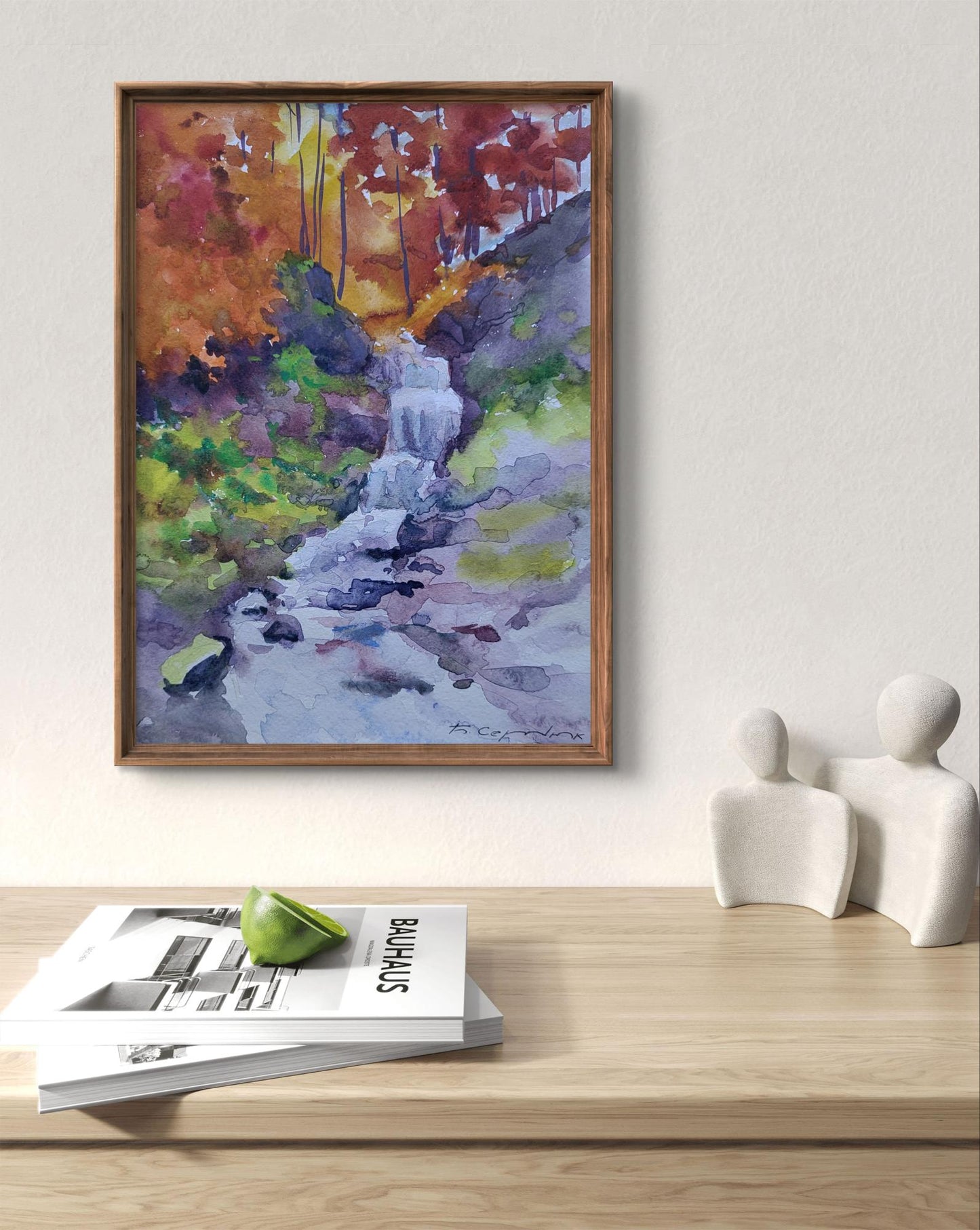 Watercolor painting Whispering Stream by Boris Serdyuk in wooden frame