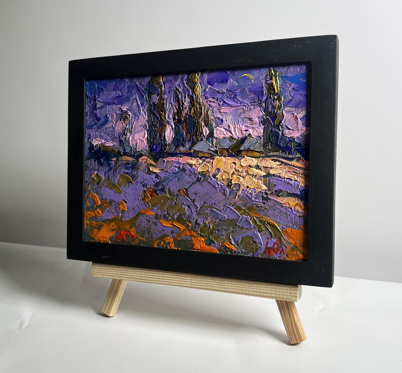 Oil painting Pink sunset on a cold day by Oleksiy Ivanyuk in black frame