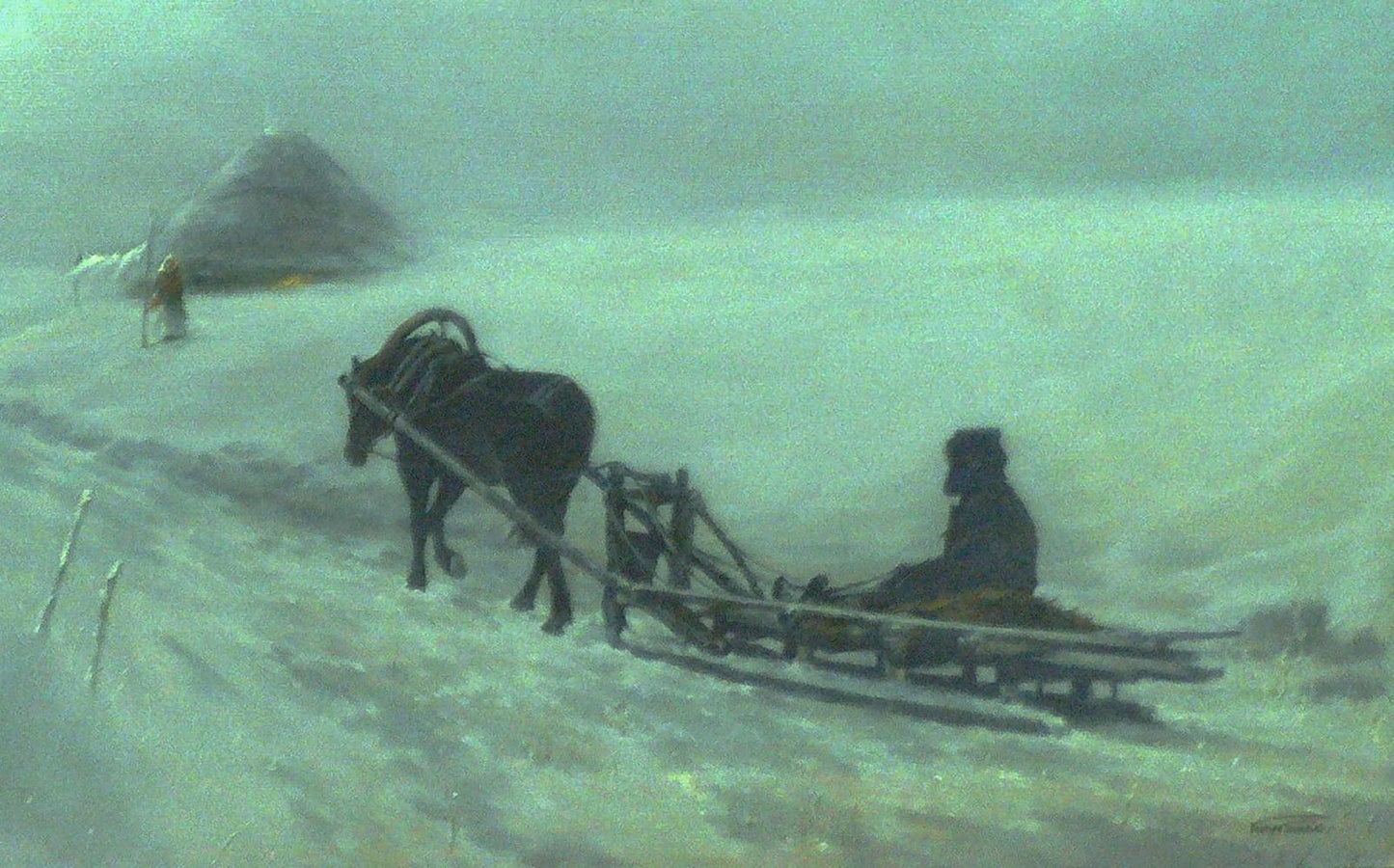 Oil painting of horse-pulled dark wooden sled in snowy road by Vasily Korkishko