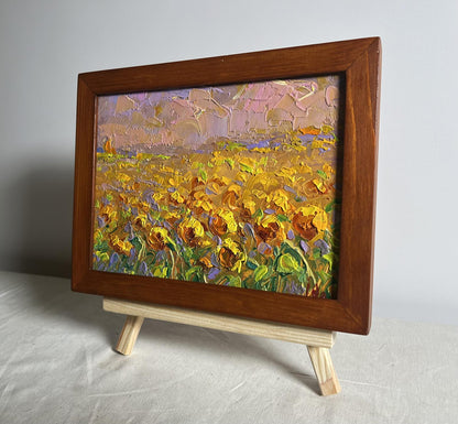 Oil painting Sunflower field by Oleksiy Ivanyuk in wooden frame