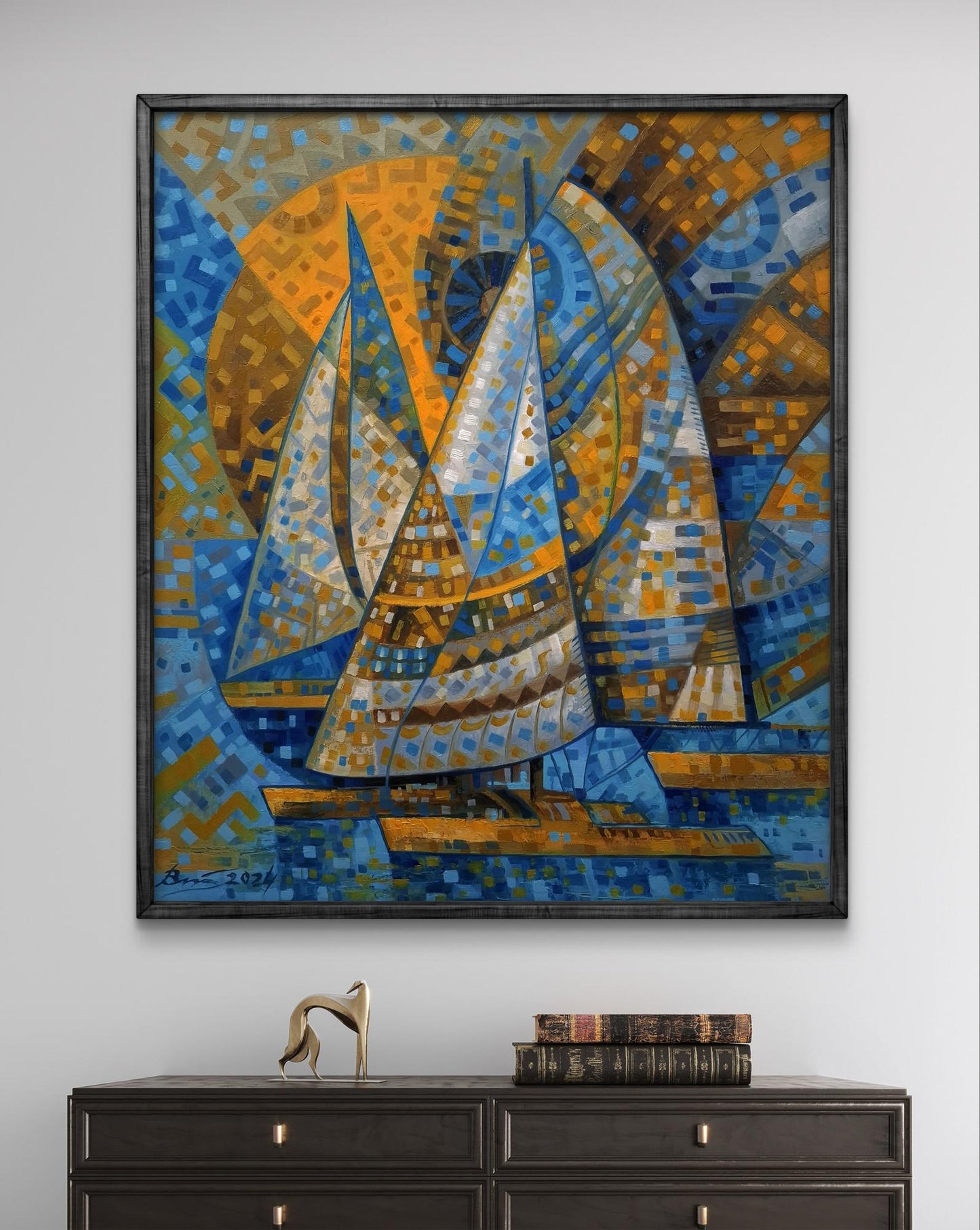 Vibrant oil painting of sailboats on sunny day by Sergiy Voichenko