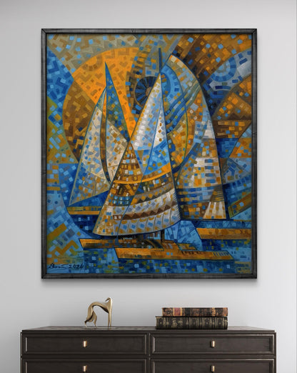 Vibrant oil painting of sailboats on sunny day by Sergiy Voichenko