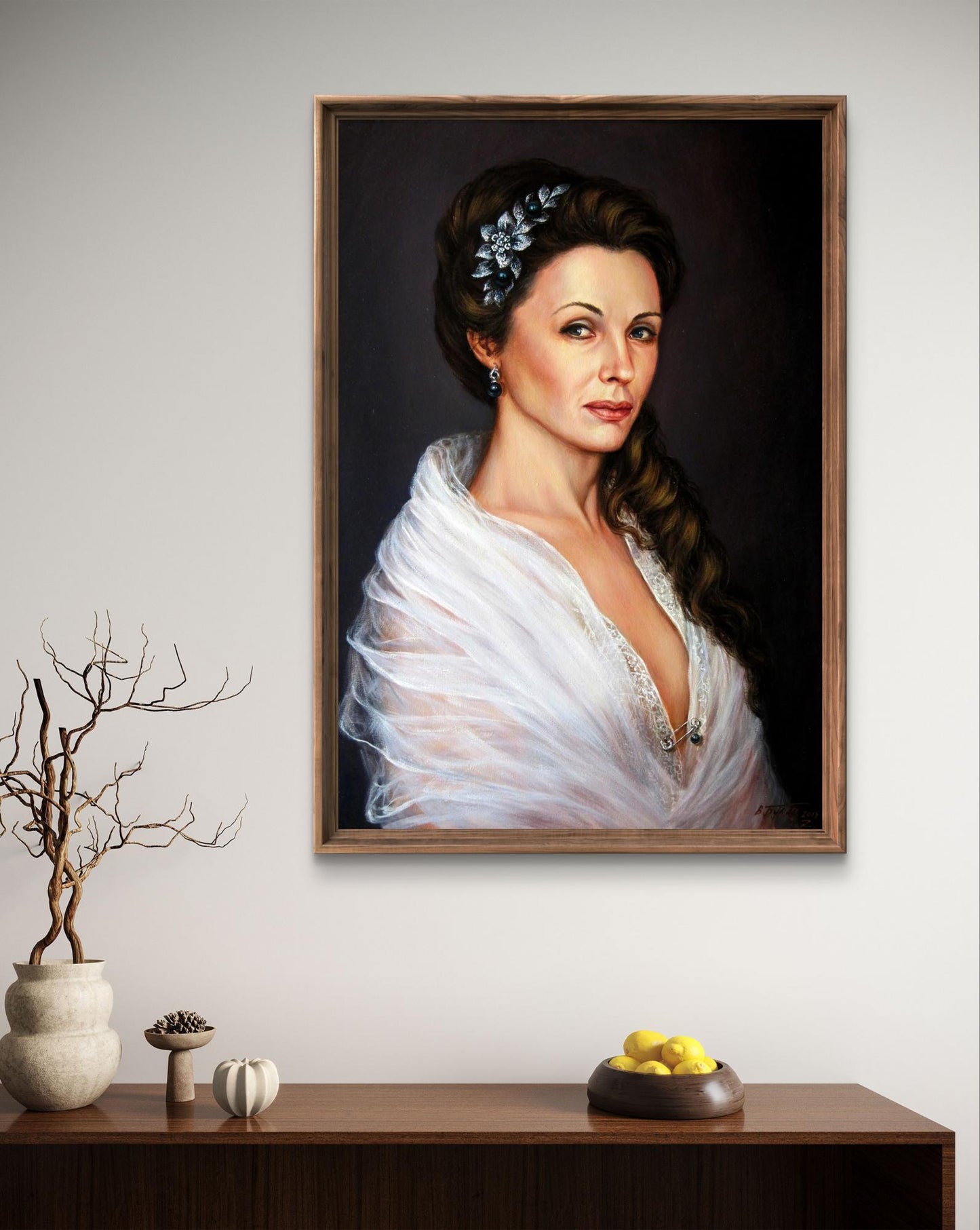 Oil painting portrait of Margarita Valeriy Bulat in elegant white gown