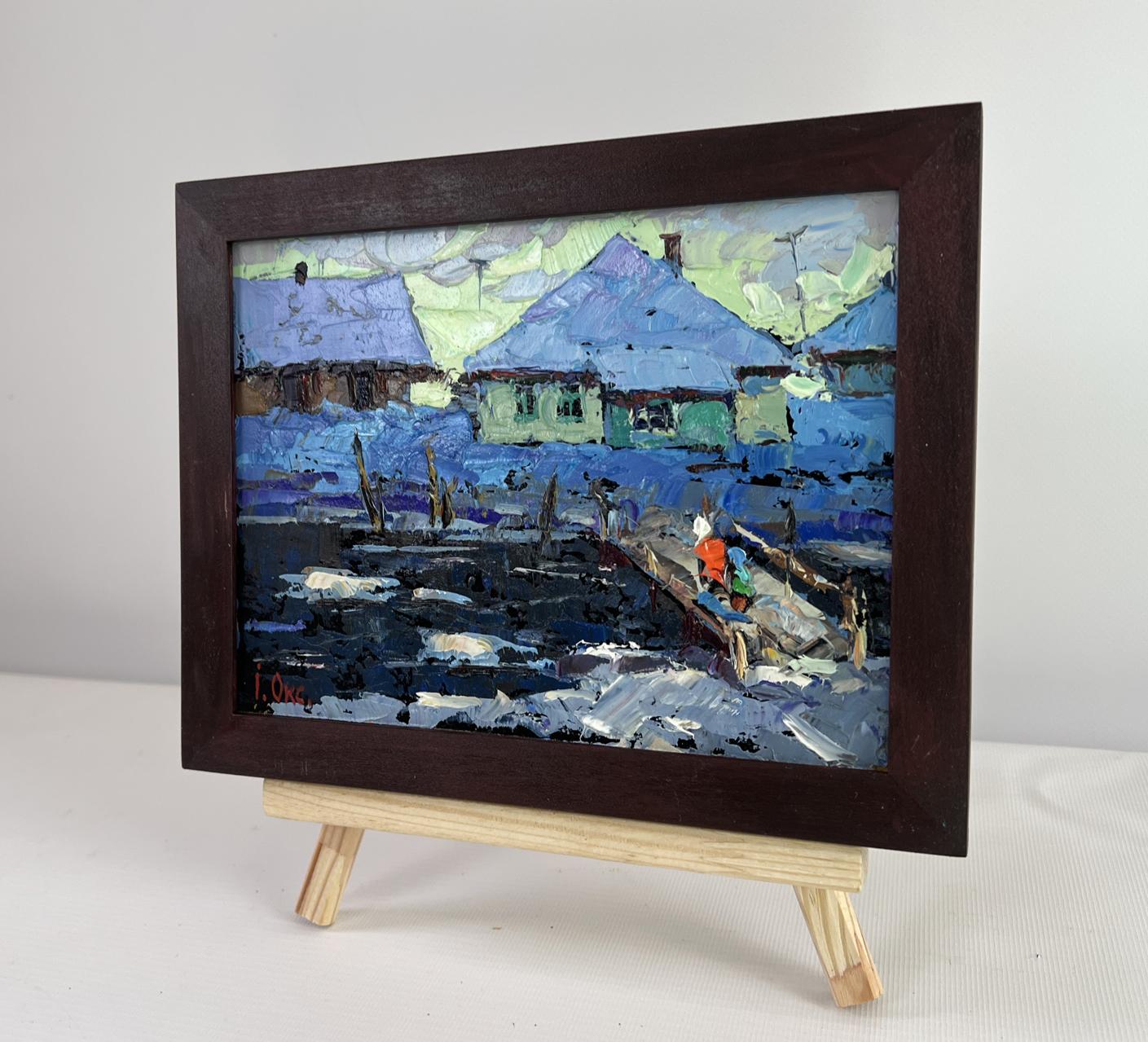 Oil painting The evening light of the native house by Oksana Ivanyuk snowy village scene