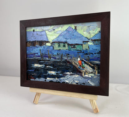 Oil painting The evening light of the native house by Oksana Ivanyuk snowy village scene